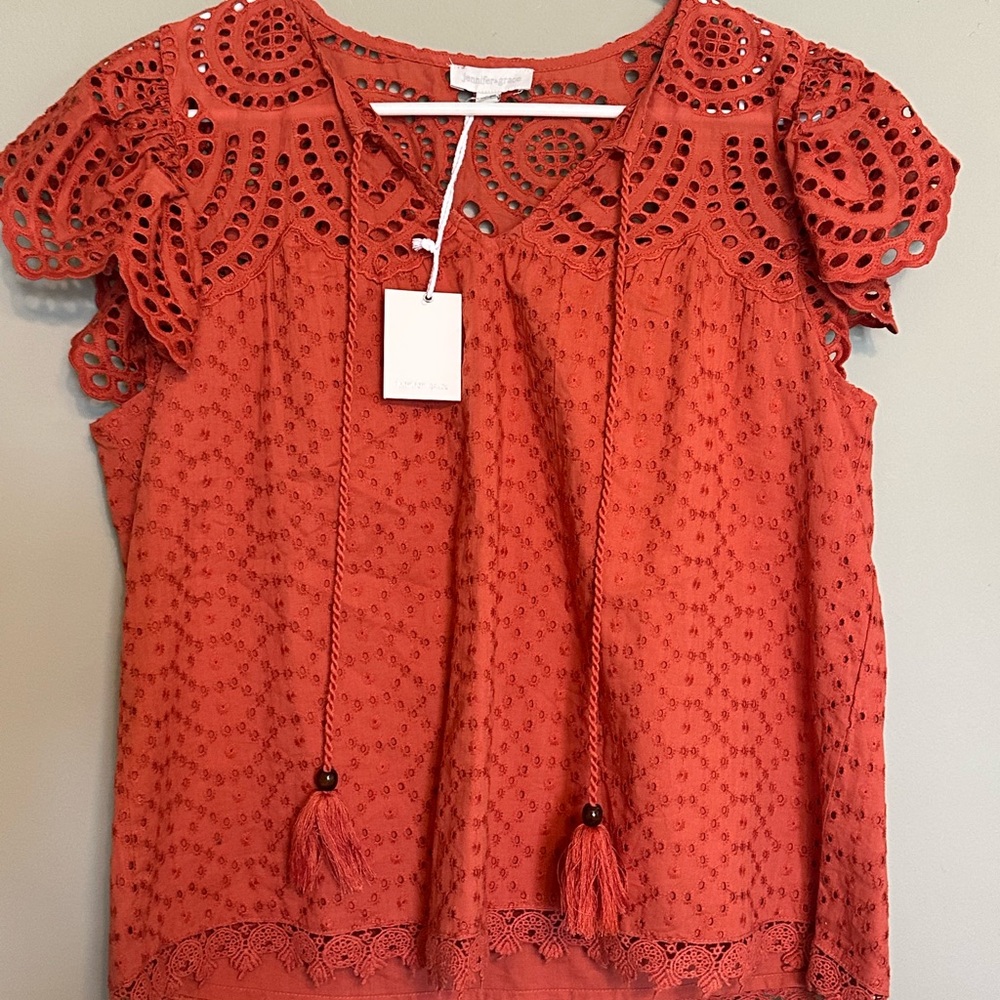 NWT Jennifer Grace Terracotta Eyelet Tassel Blouse size M